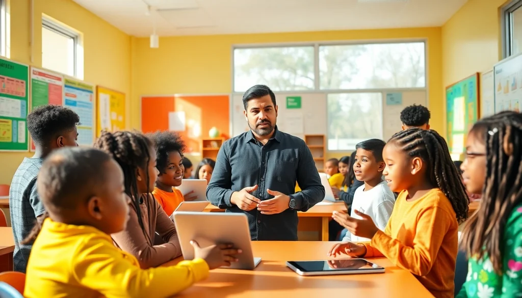 Education-focused classroom scene showcasing interactive learning methods and diverse students.