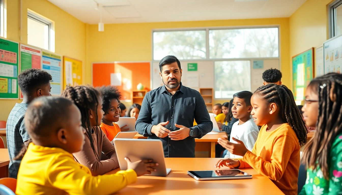 Education-focused classroom scene showcasing interactive learning methods and diverse students.