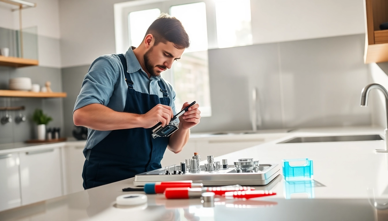 BOSCH dishwasher repair technician working diligently in a modern kitchen.
