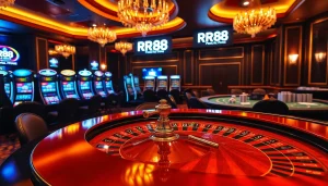 RR88 casino scene showcasing roulette, poker tables, and vibrant slot machines.