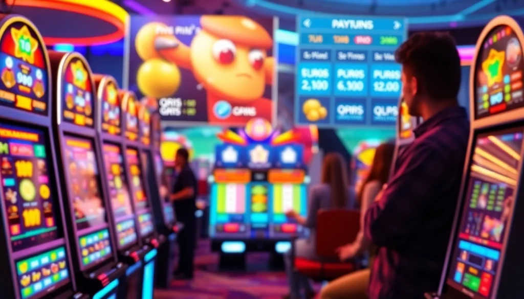 Memperlihatkan slot deposit 1000 dengan mesin slot berwarna-warni dan tampilan antarmuka digital yang menarik.