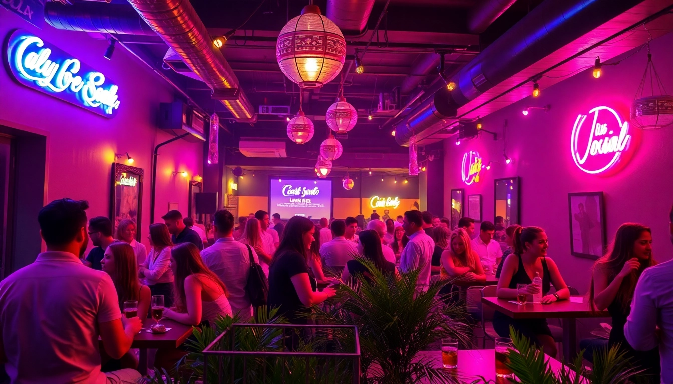 Clientes disfrutando en el Club social Lloret de Mar con ambiente animado y luces brillantes.