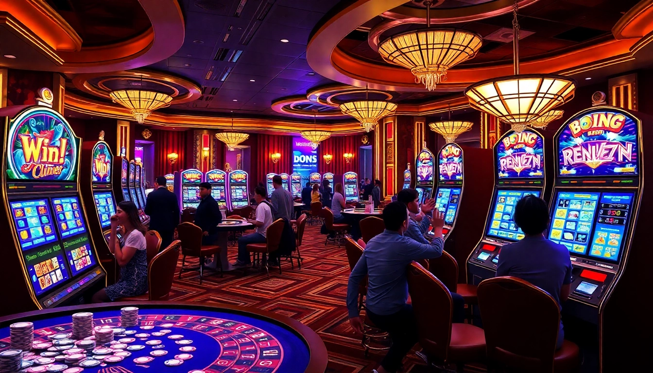 Players enjoying idn slot machines in a vibrant, luxurious casino atmosphere.