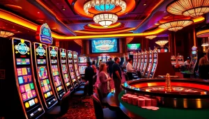 Players enjoying slot depo pulsa machines with colorful reels spinning and poker chips scattered.