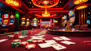 Engage with 388bet at a vibrant casino scene featuring poker chips, slot machines, and a roulette wheel.