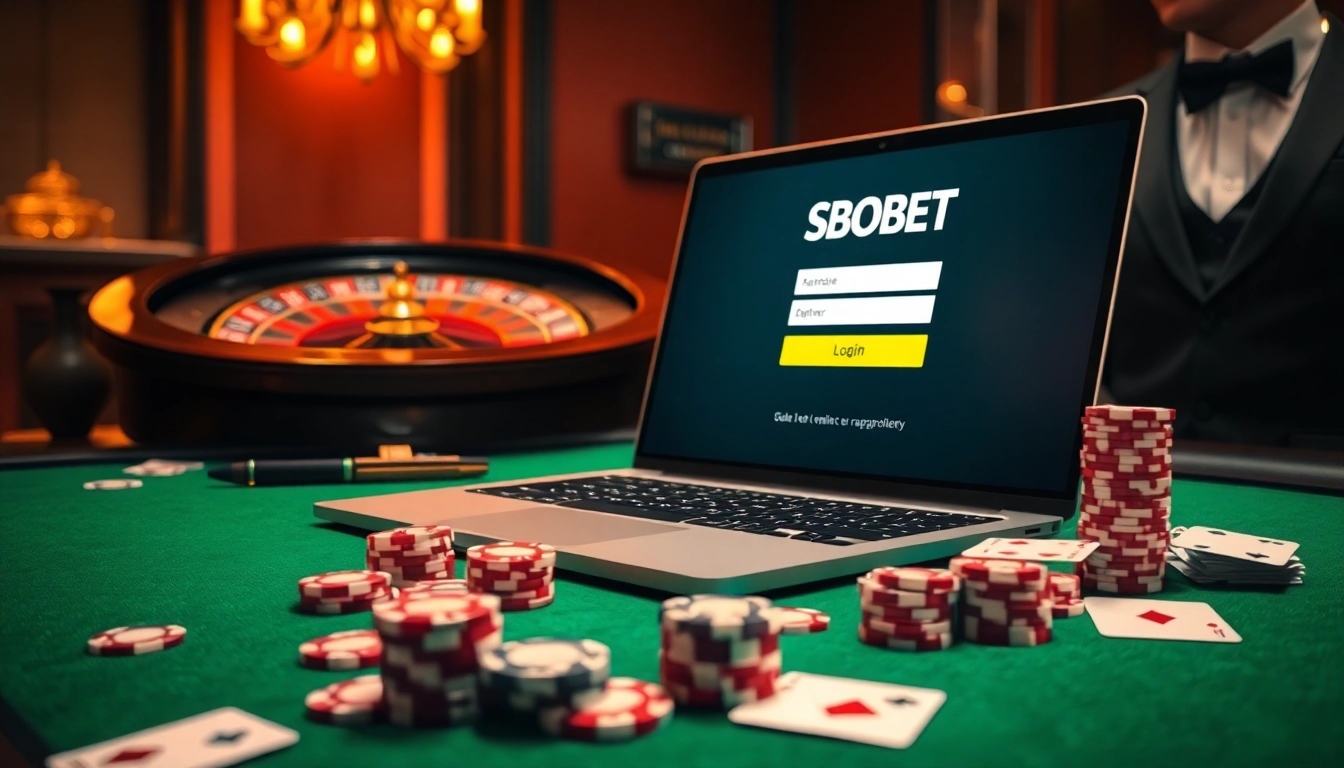 Engage with the excitement of sbobet login on a laptop amidst vibrant gambling elements.