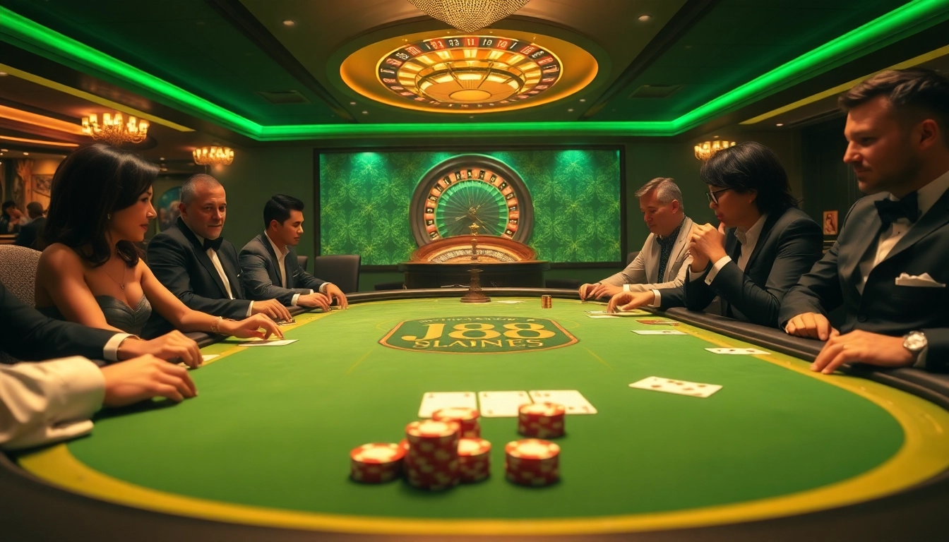 The J88 casino scene captures an exciting poker game with vibrant playing cards and elegant decor.