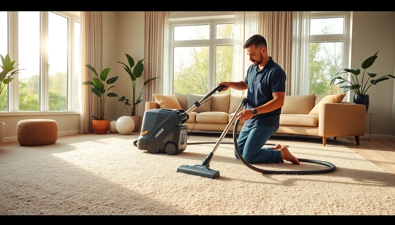 Efficient carpet cleaning near me by a technician in a bright living room.