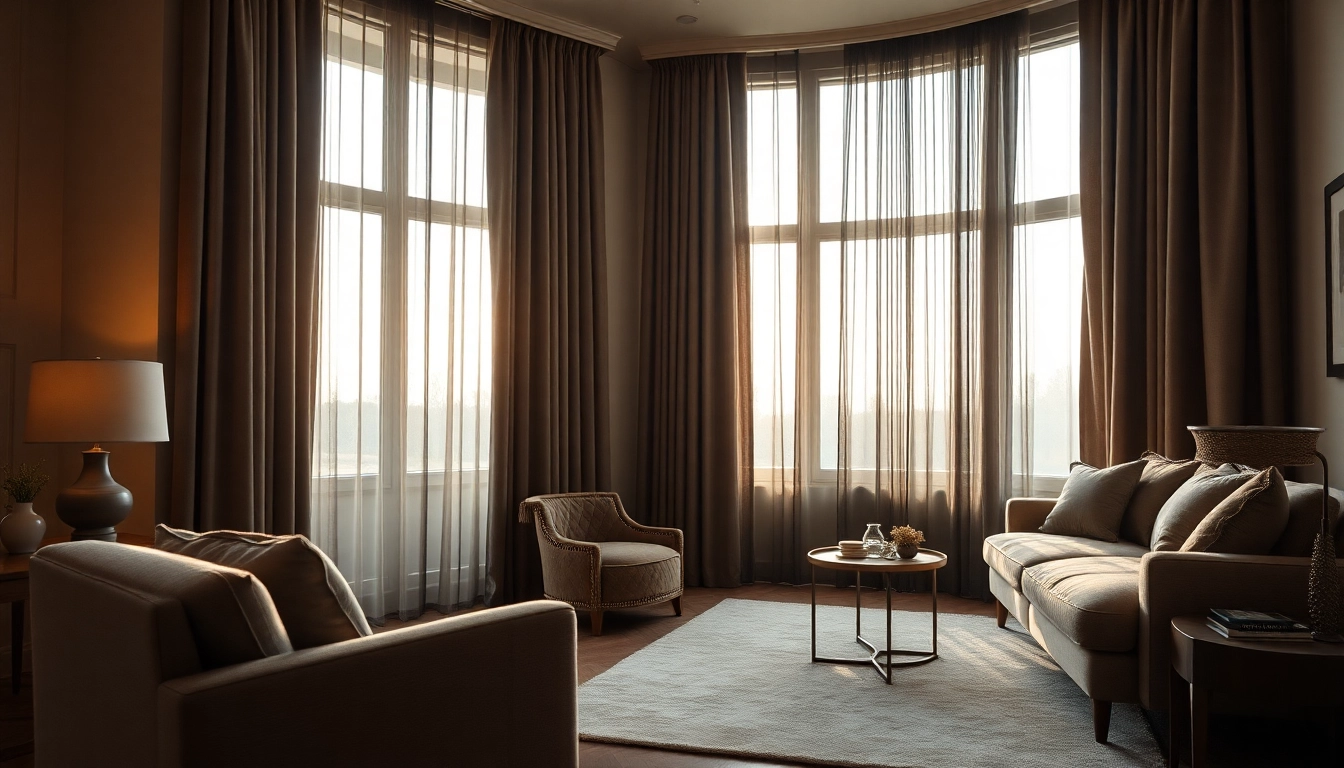 Verduisterende gordijnen geven een elegante uitstraling aan de woonkamer met sfeervolle verlichting.