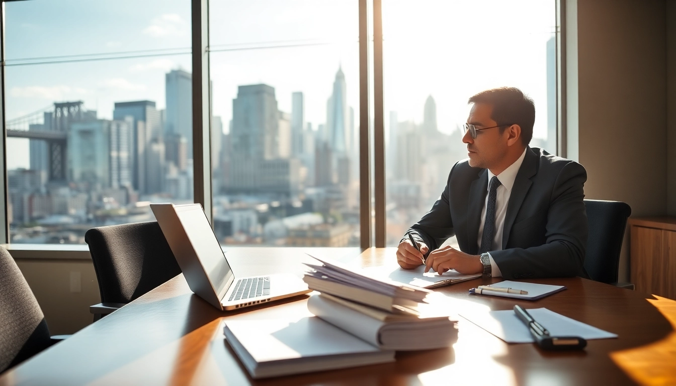 Brooklyn Real Estate Lawyer consulting in a bright office with city views.