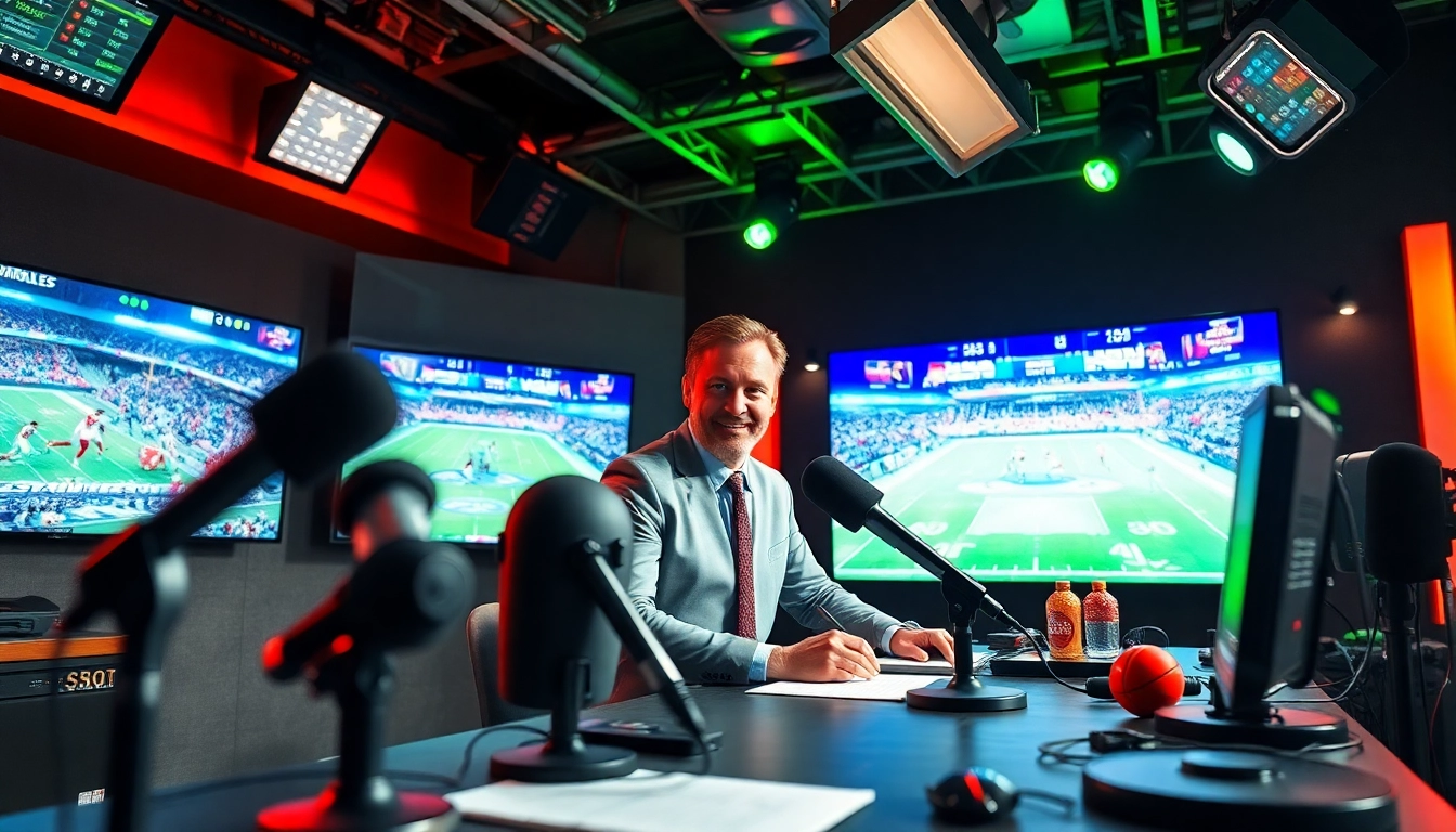 Engaging moment in Sports Broadcasting studio showcasing a lively sports reporter.