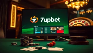 7upbet displays an online gambling interface with poker chips and cards in an elegant casino setting.