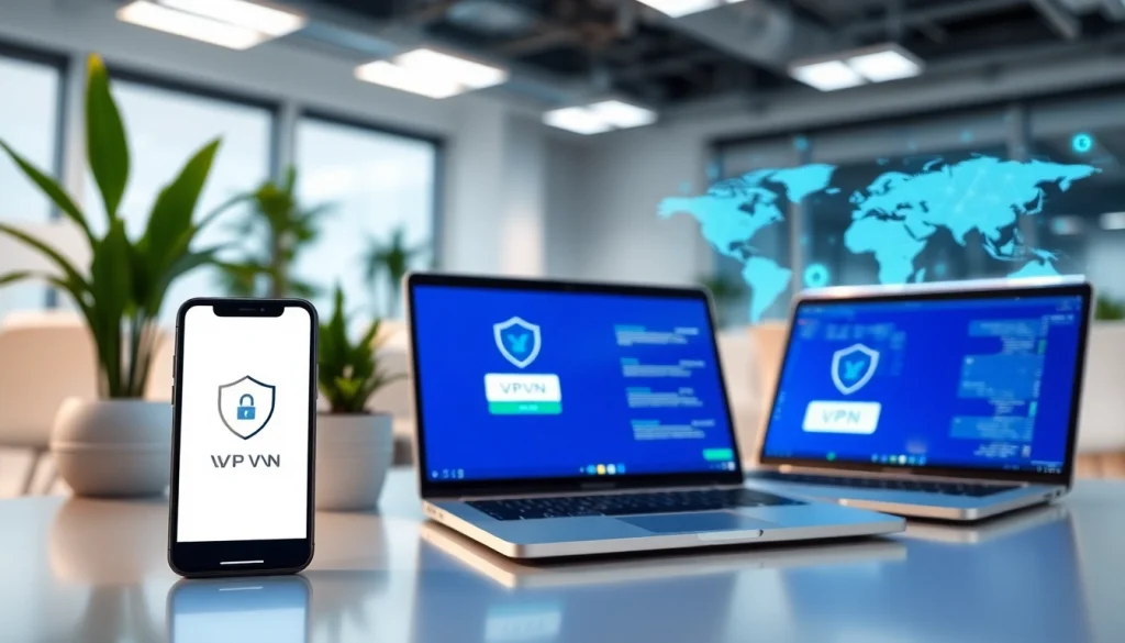 展示在现代工作区中跨设备连接的快连VPN应用界面。
