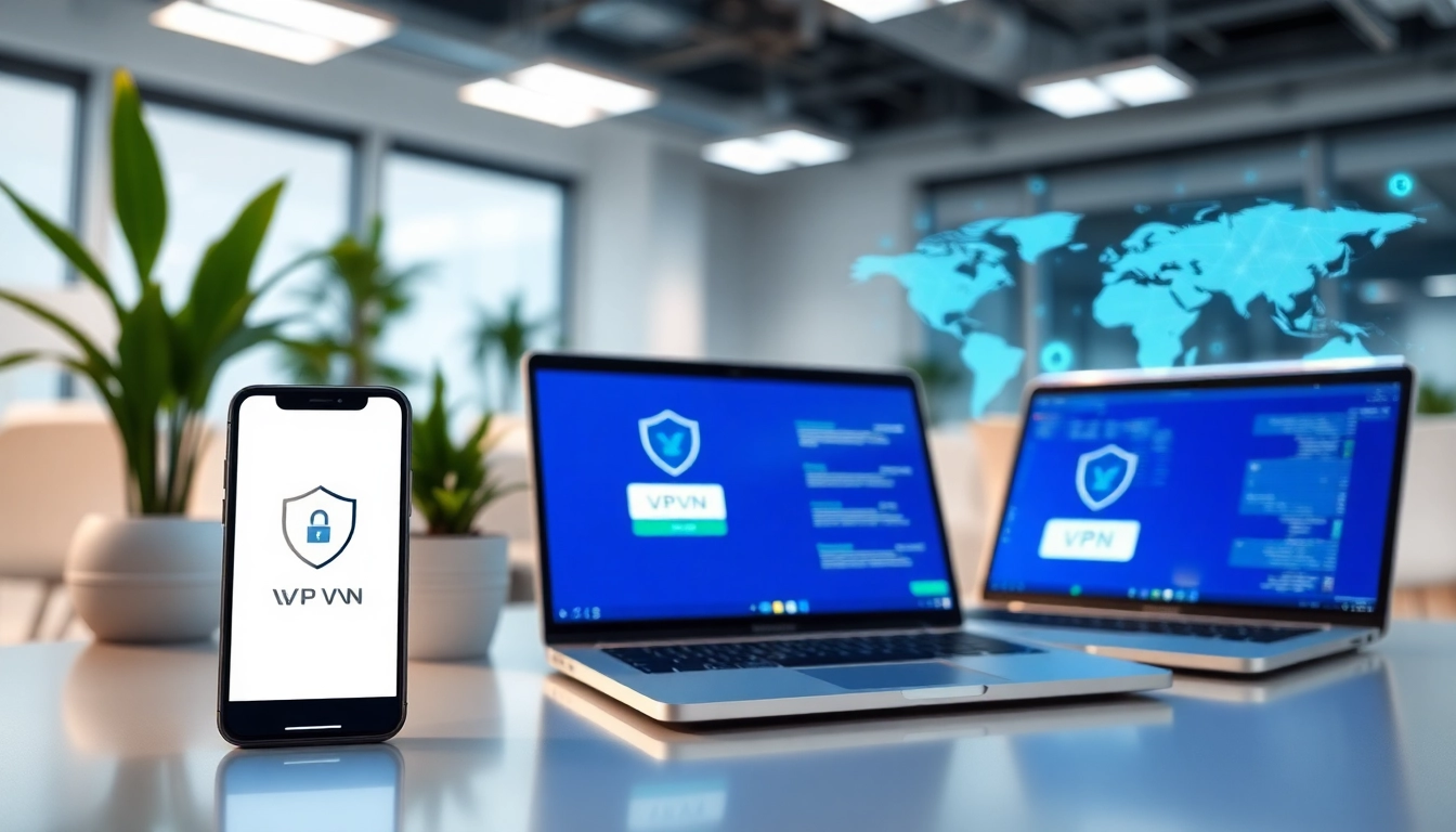 展示在现代工作区中跨设备连接的快连VPN应用界面。