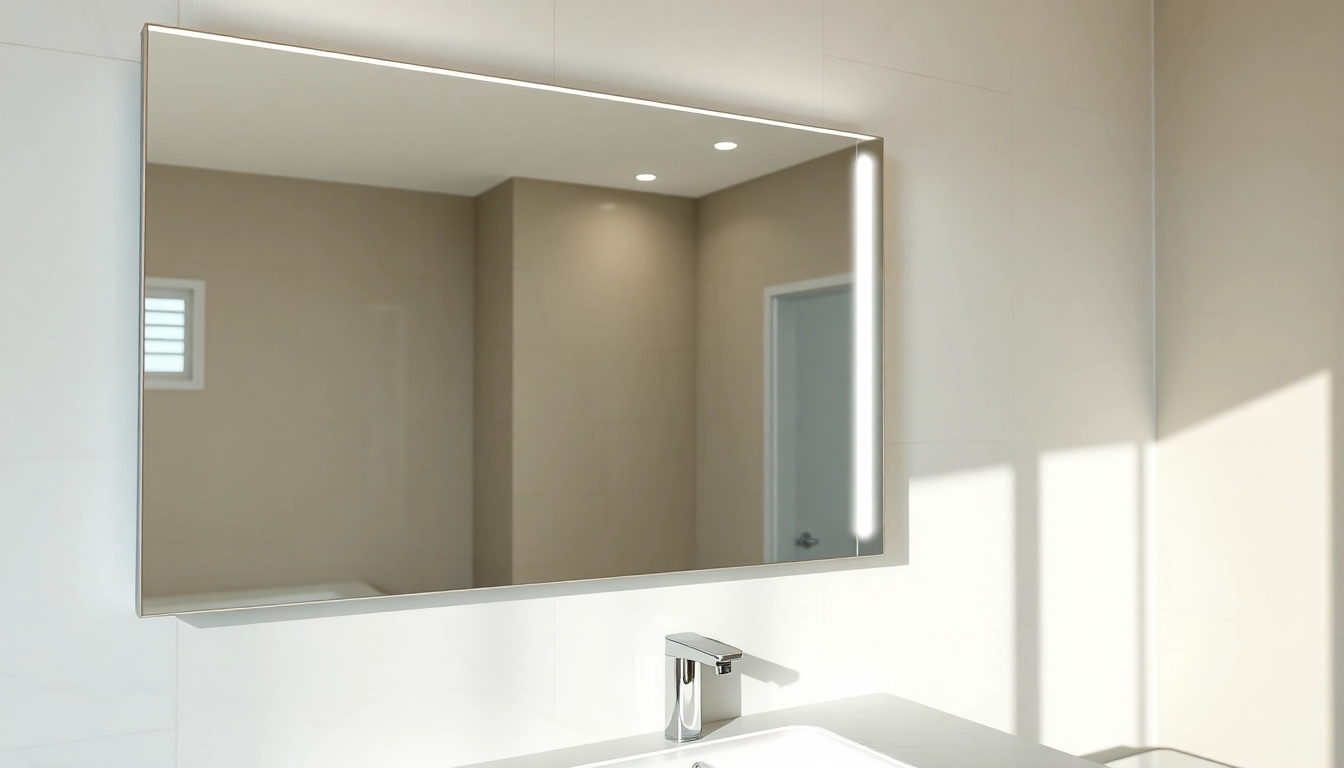 Stylish mirror with lights reflecting a chic bathroom environment, enhancing aesthetics.
