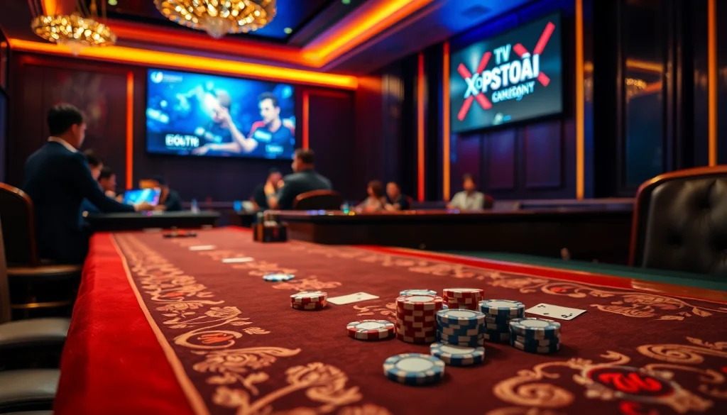 Xôi Xoài TV showcases an exciting scene of high-stakes gambling with poker chips and esports highlights.