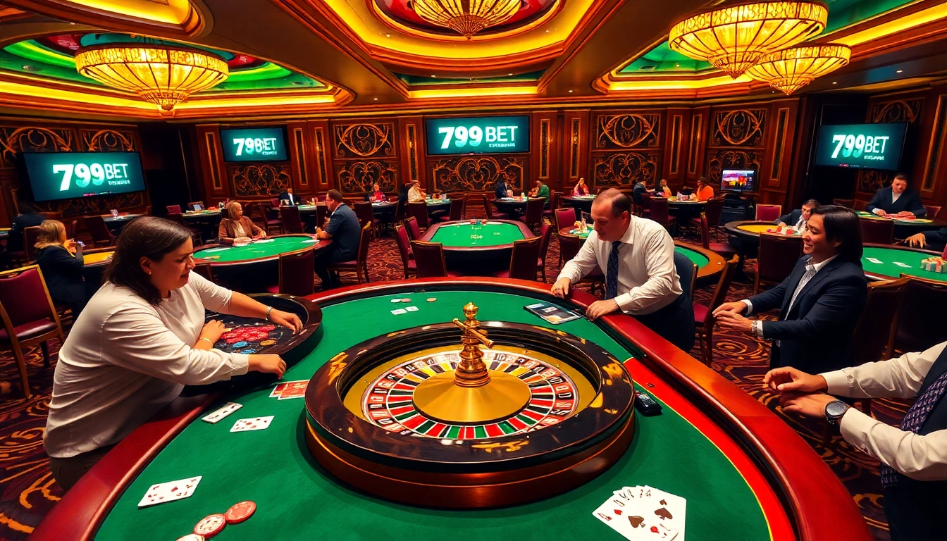 Exciting 789 BET casino experience with players at roulette and poker tables.