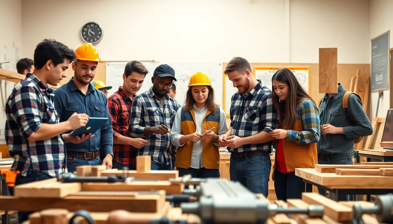 Students at construction trade schools in Texas collaborating on projects in a bright classroom.