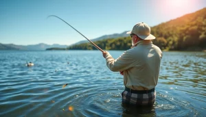 Catch of the day while fly fishing for bass in a lush lake setting.