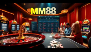 Experience thrilling gameplay with MM88 in a luxury casino scene featuring cards, chips, and roulette.