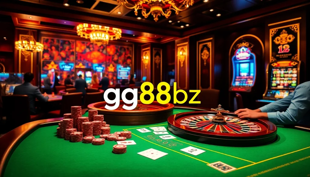 Engaging casino scene with players enjoying poker and roulette at gg88bz.