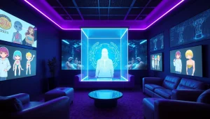 Immersive NSFW AI interaction in a futuristic digital room.