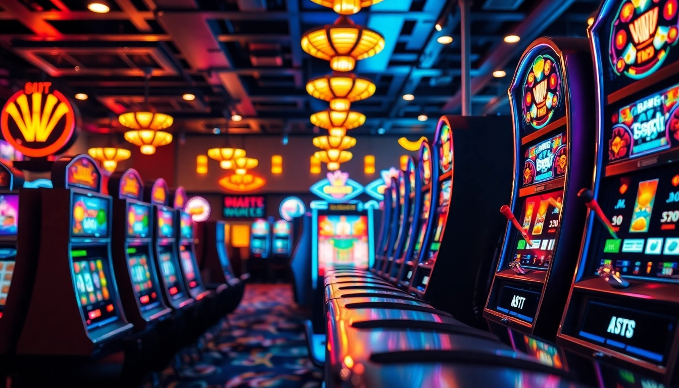 Menampilkan suasana kasino yang hidup dengan slot depo 1k yang bersinar dan menarik perhatian.