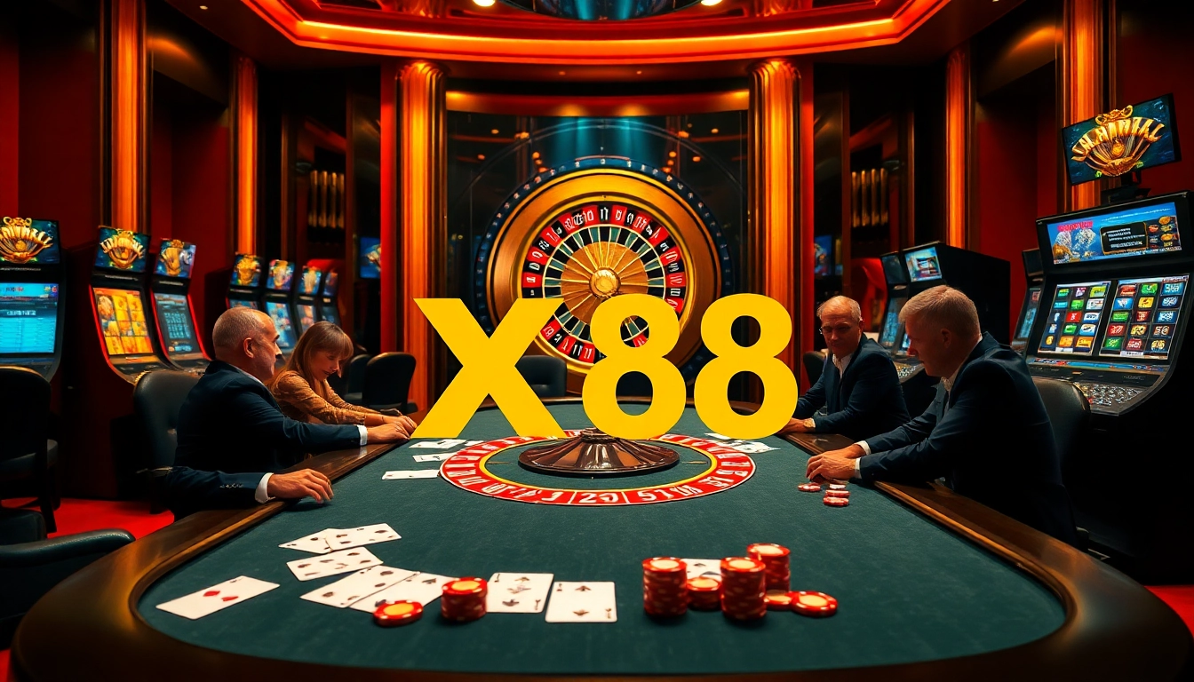 Players enjoying poker at XX88 casino, with roulette and vibrant slot machines in view.