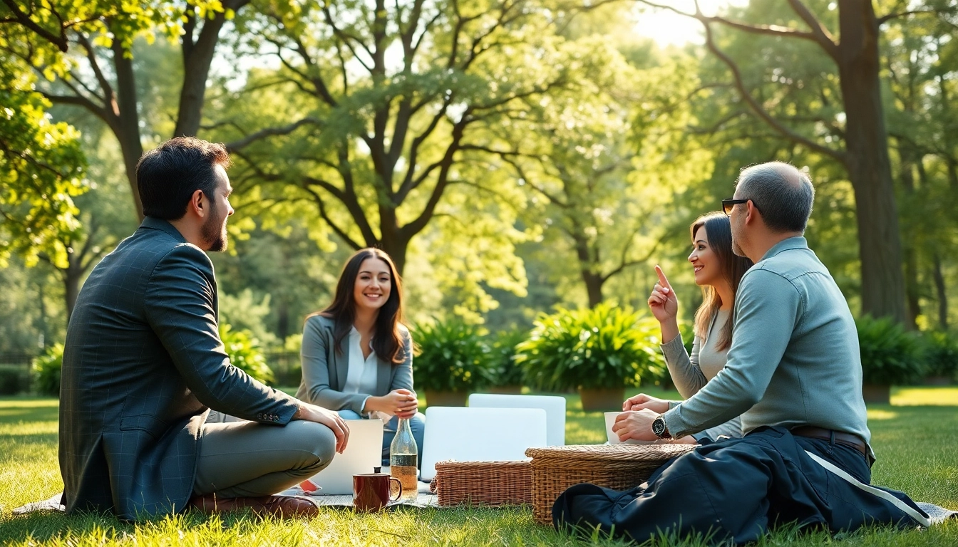 Entrepreneurs break in a tranquil park setting, highlighting moments of relaxation and networking.