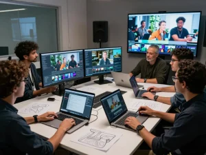 Creative team using video to promptgenerator tools in a modern studio environment