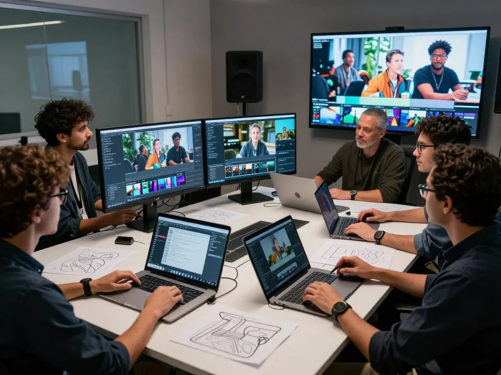 Creative team using video to promptgenerator tools in a modern studio environment