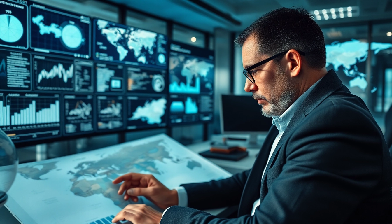 Analyzing the National Security Risk with geopolitical maps and digital displays in a modern office.