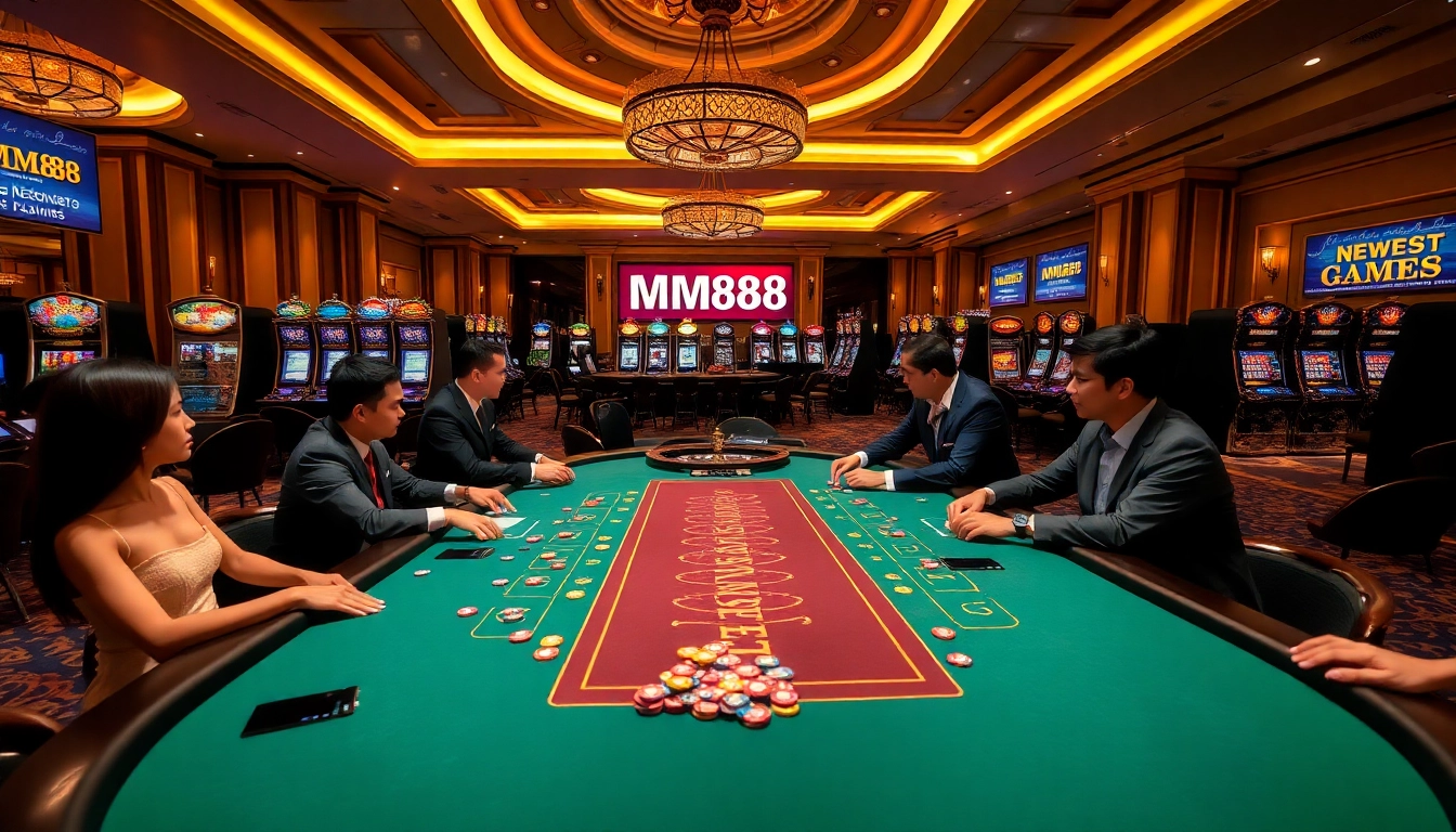 Engaging players at MM88 poker table in a luxurious casino setting, showcasing excitement.