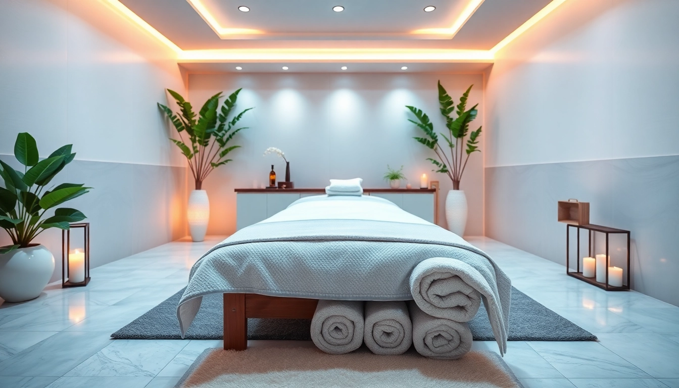 럭셔리 마사지 테이블과 차분한 분위기의 울산마사지 스파 배경.