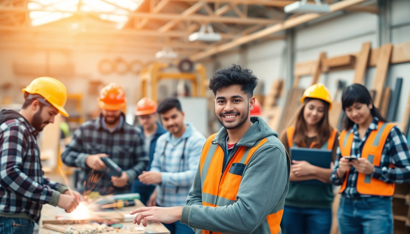 Engaging construction training programs showcasing diverse skills in a vibrant workshop setting.