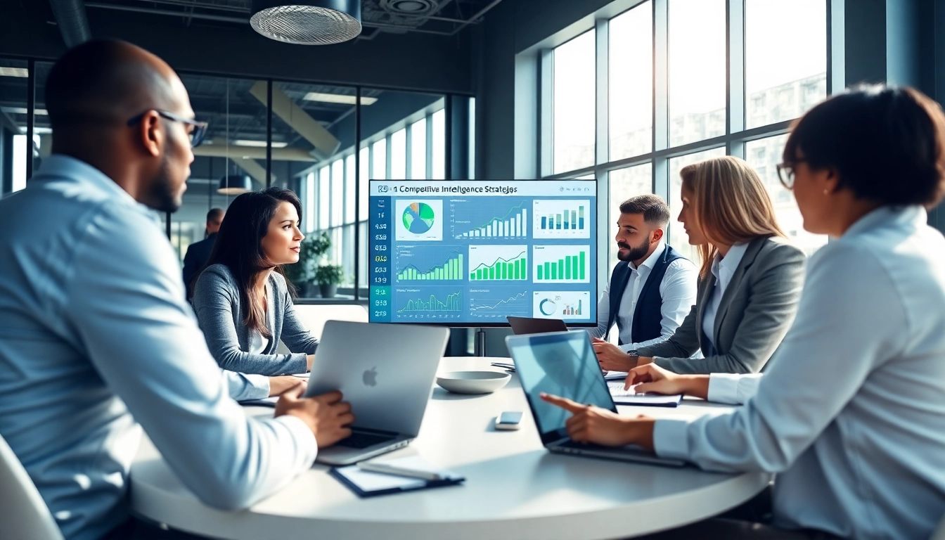 Engaging discussion on competitive intelligence faqs among professionals in a bright office setting.