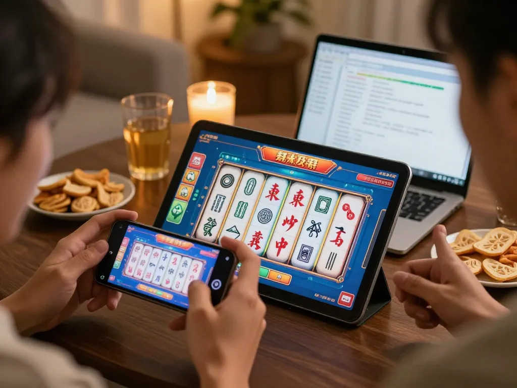 Engaged player spins the reels on slot mahjong game, exciting home gaming atmosphere with vibrant visuals