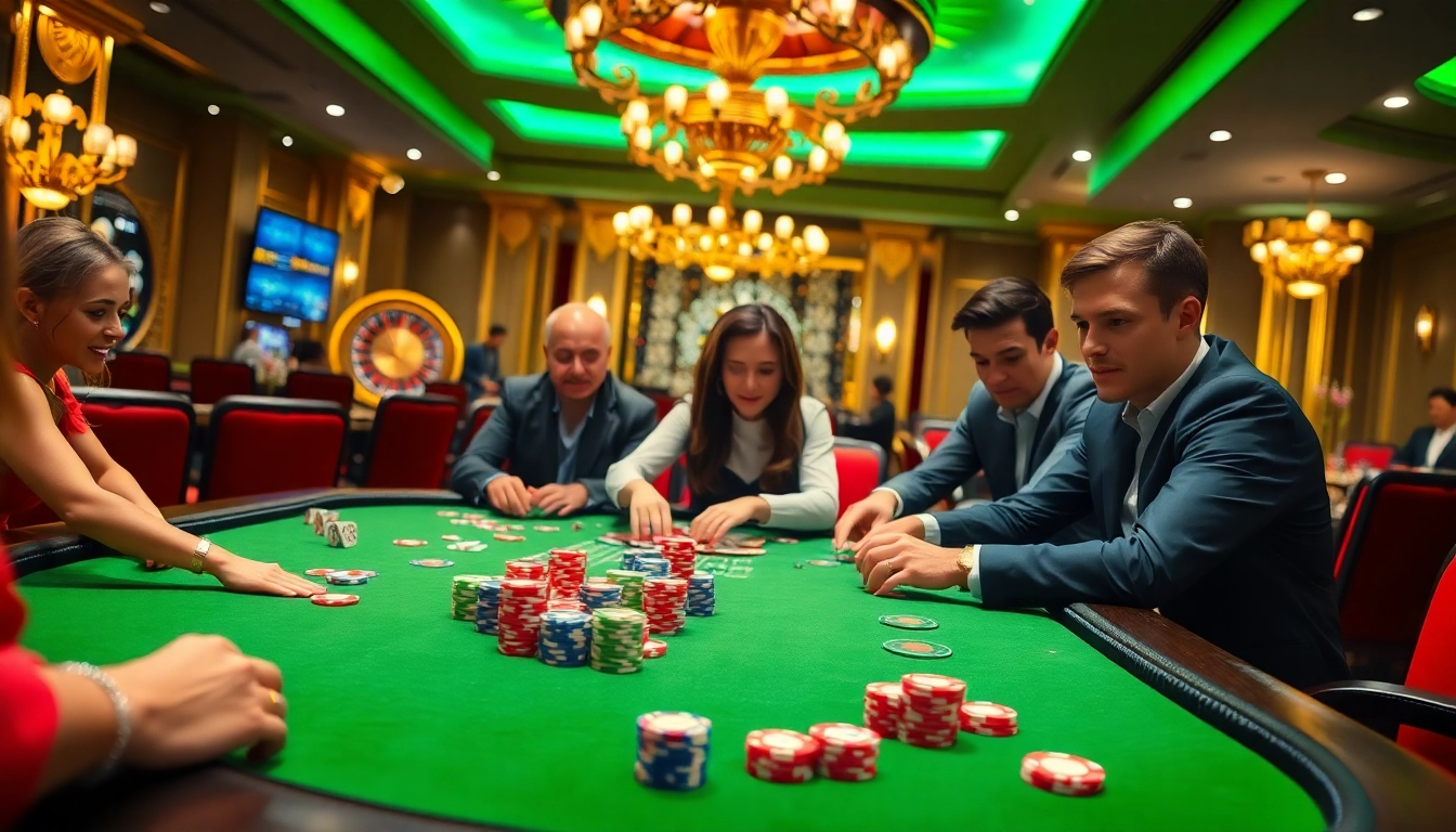 Exciting casino gaming with vibrant tables at 789Betmediacom showcasing poker chips and lively players.