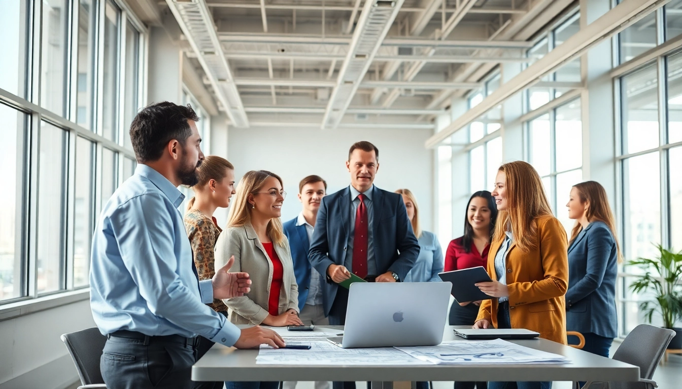 Construction member organization collaborating in a professional office environment with diverse teamwork.
