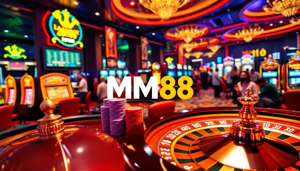 Experience the thrilling atmosphere of MM88 with vibrant casino visuals and engaging gambling activities.