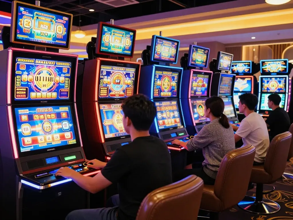 Pemain yang terlibat menikmati mesin slot laoban188 di suasana kasino online yang semarak.