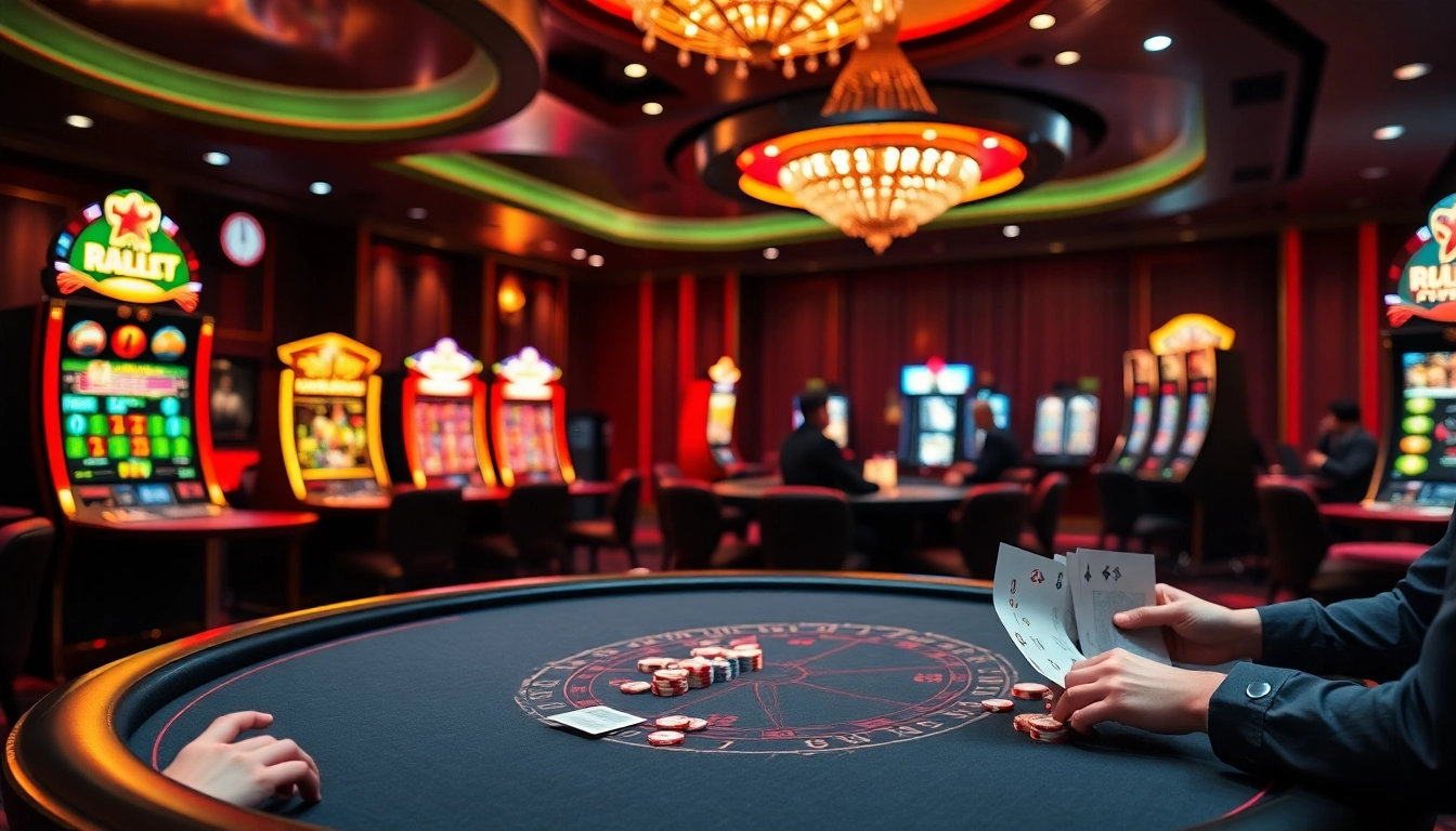 Une scène dynamique du meilleur casino en ligne avec des joueurs à une table de poker et des machines à sous excitantes.