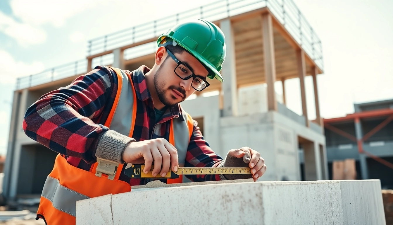 Skilled worker in a construction apprenticeship measuring materials on a job site.