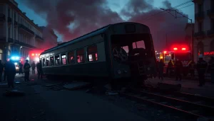 Spain train crash scene with emergency responders amid chaos and wreckage.