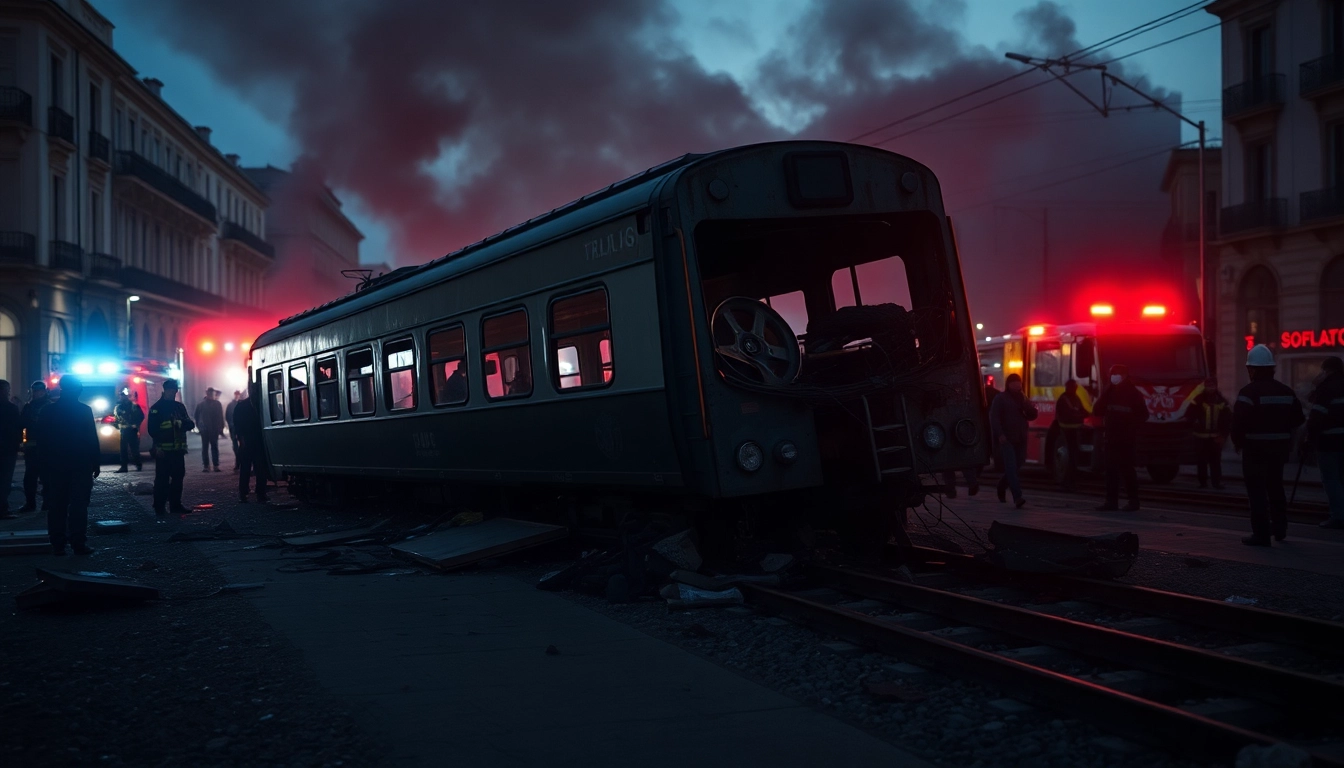 Spain train crash scene with emergency responders amid chaos and wreckage.