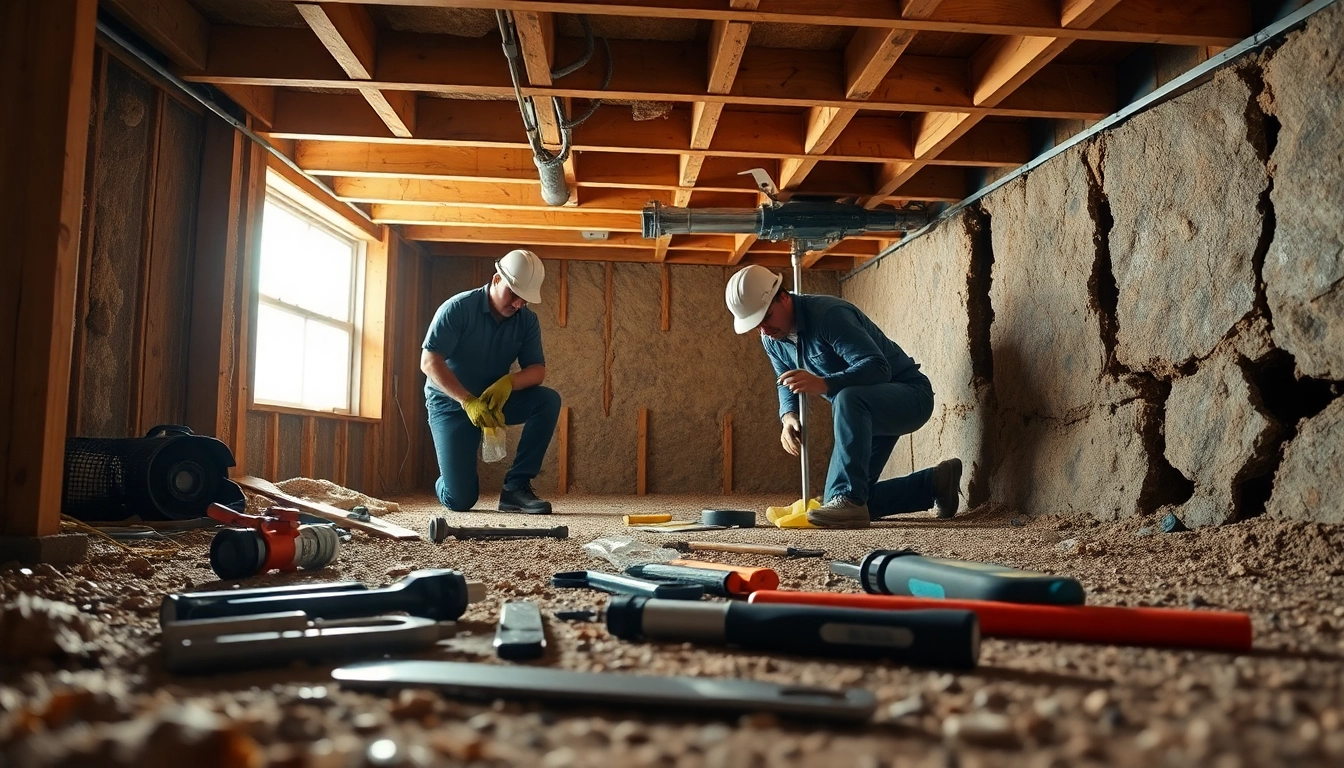 Crawl Space Restoration process with professionals repairing a damaged area, showcasing tools and environment details.