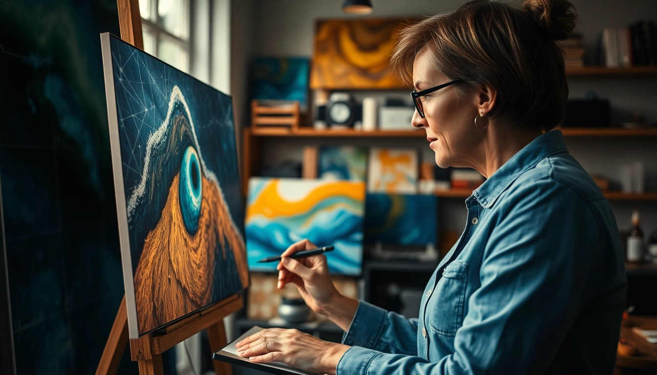 Image to prompt ai in a modern art studio, showcasing an artist creating with AI tools.