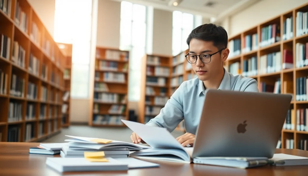Focused student engaged in exam preparation among books and study materials in a library.