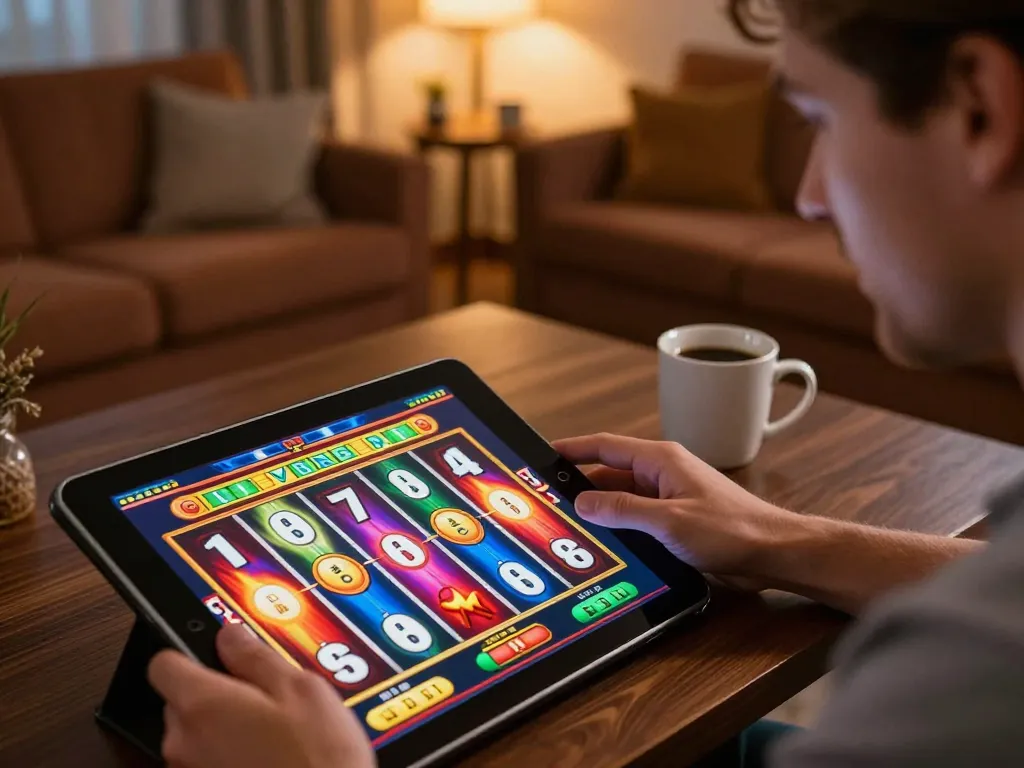 Engaging in slot gacor gampang menang while playing slots on a tablet with colorful digital reels.