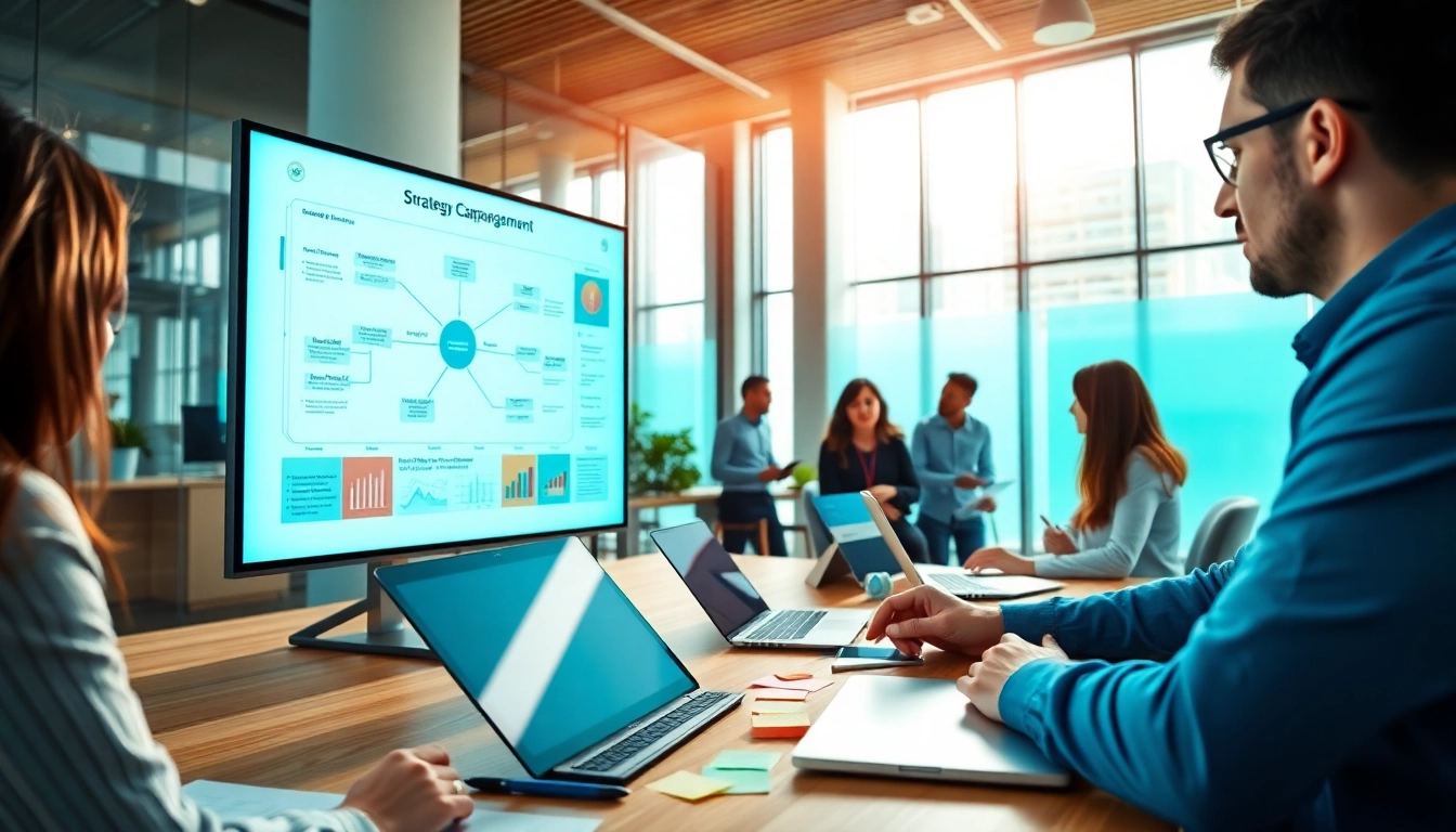 Strategic team discussing Strategy Capture Management concepts with visual aids.